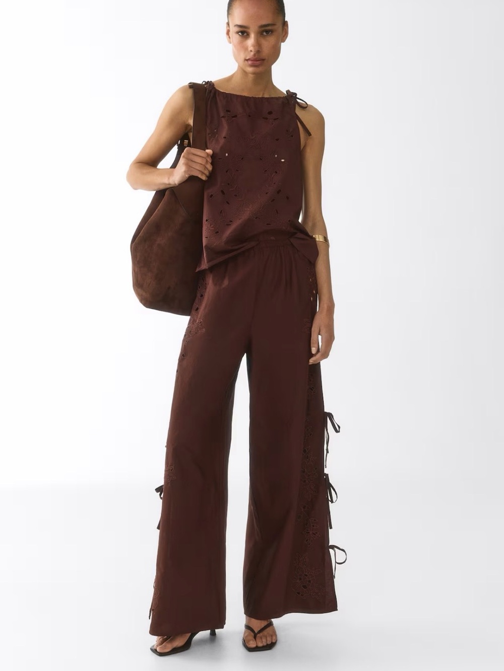 NWT H&M Eyelet-Embroidered Tie-Detail Pants & Top W/Tie Shoulder Straps Brown M